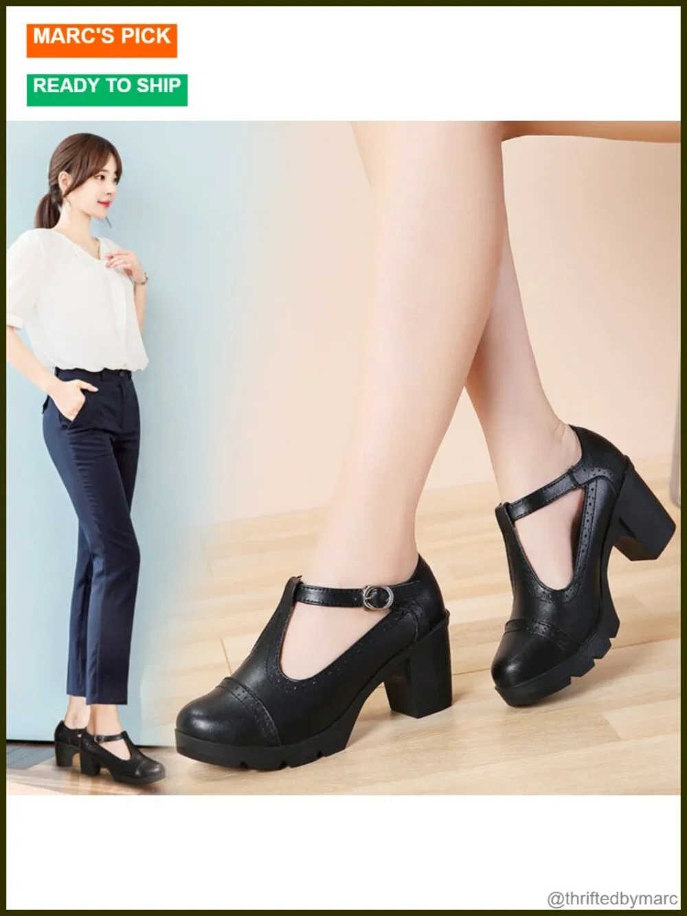 Leather T-Strap Platform Chunky Mid-Heel Mary Jane Square Toe Oxfords Dress